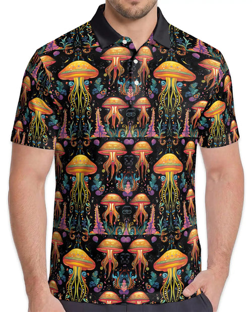 Fantasy Mushroom Polo Shirt – Botanical Night Garden Print | Netecom