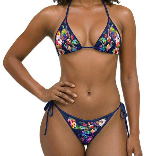 Colorful Turtle Floral Bikini Set for Women, Two Piece Swimsuit, Tropical Ocean Beachwear | Netecom