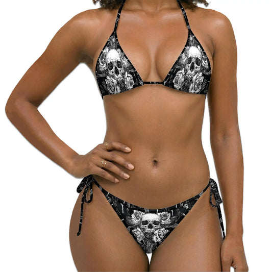 Skull Roses Bikini Set for Women, Two Piece Swimsuit, Gothic Floral Beachwear | Netecom