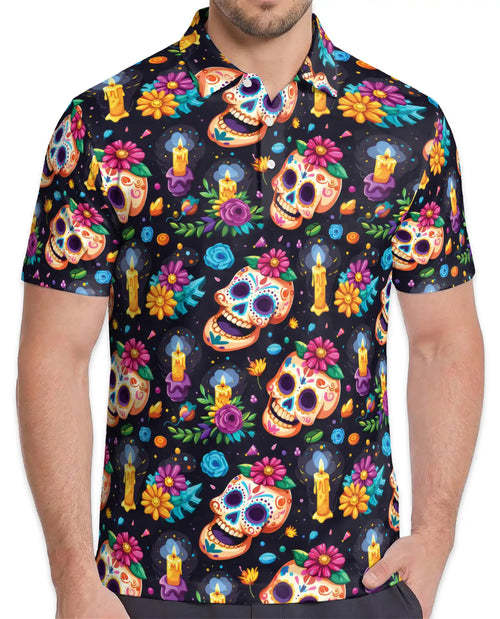 Sugar Skull Polo Shirt for Men – Day of the Dead Colorful Skull Print | Netecom