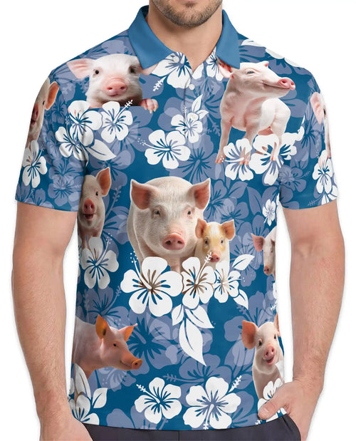 Pig Hawaiian Floral Polo Shirt for Men- Cute Farm Pig Tropical Flower | Netecom