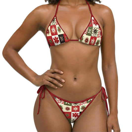 Christmas Quilt Bikini Set for Women, Two Piece Swimsuit, Festive Holiday Beachwear | Netecom