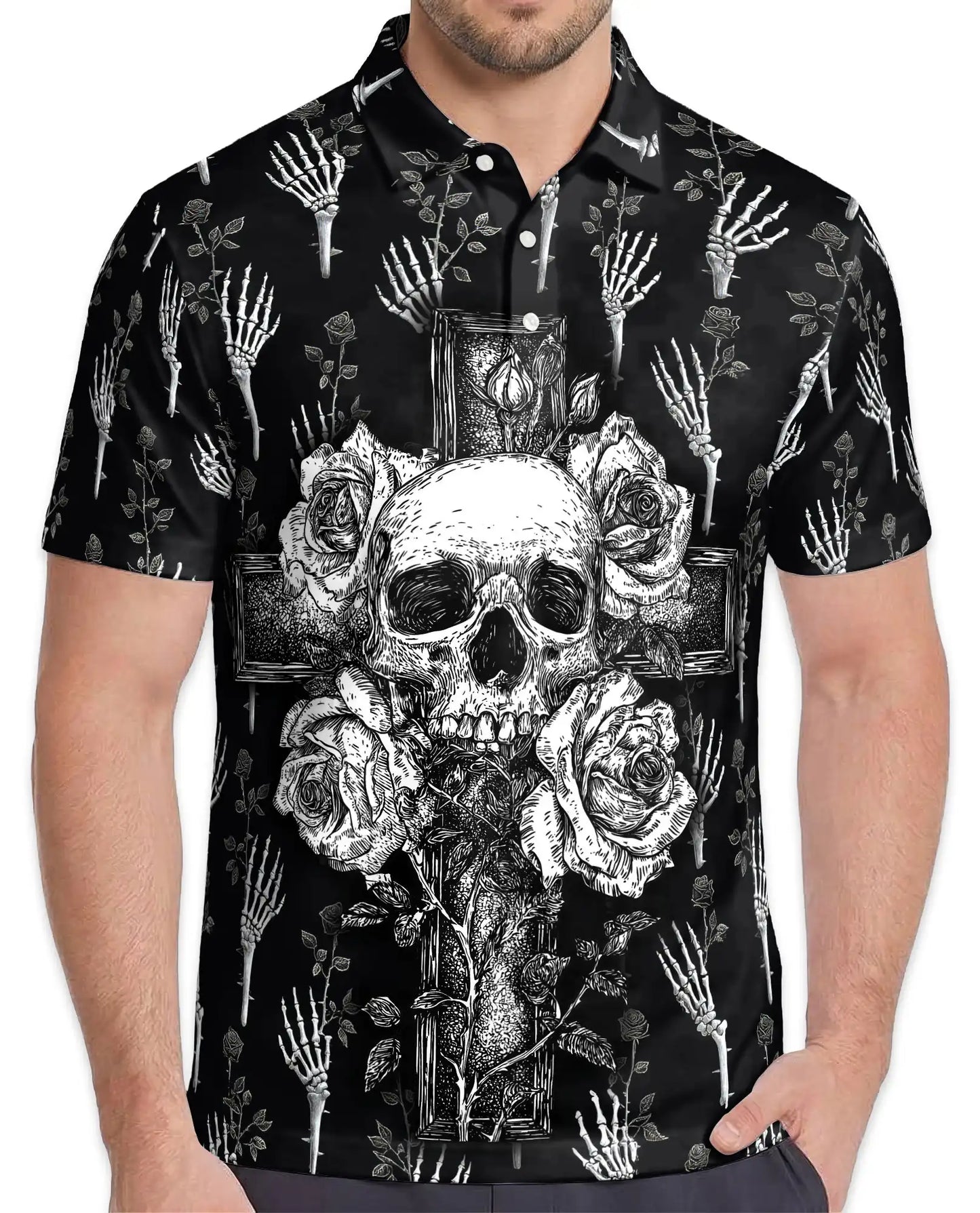 Gothic Skull Cross Polo Shirt - Dark Floral Horror Style | Netecom
