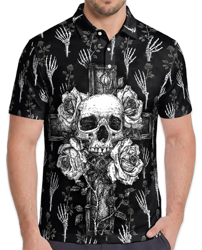 Gothic Skull Cross Polo Shirt - Dark Floral Horror Style | Netecom