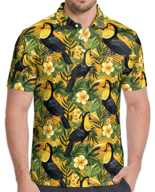 Toucan Tropical Floral Polo Shirt for Men-Jungle Bird Hawaiian Style | Netecom
