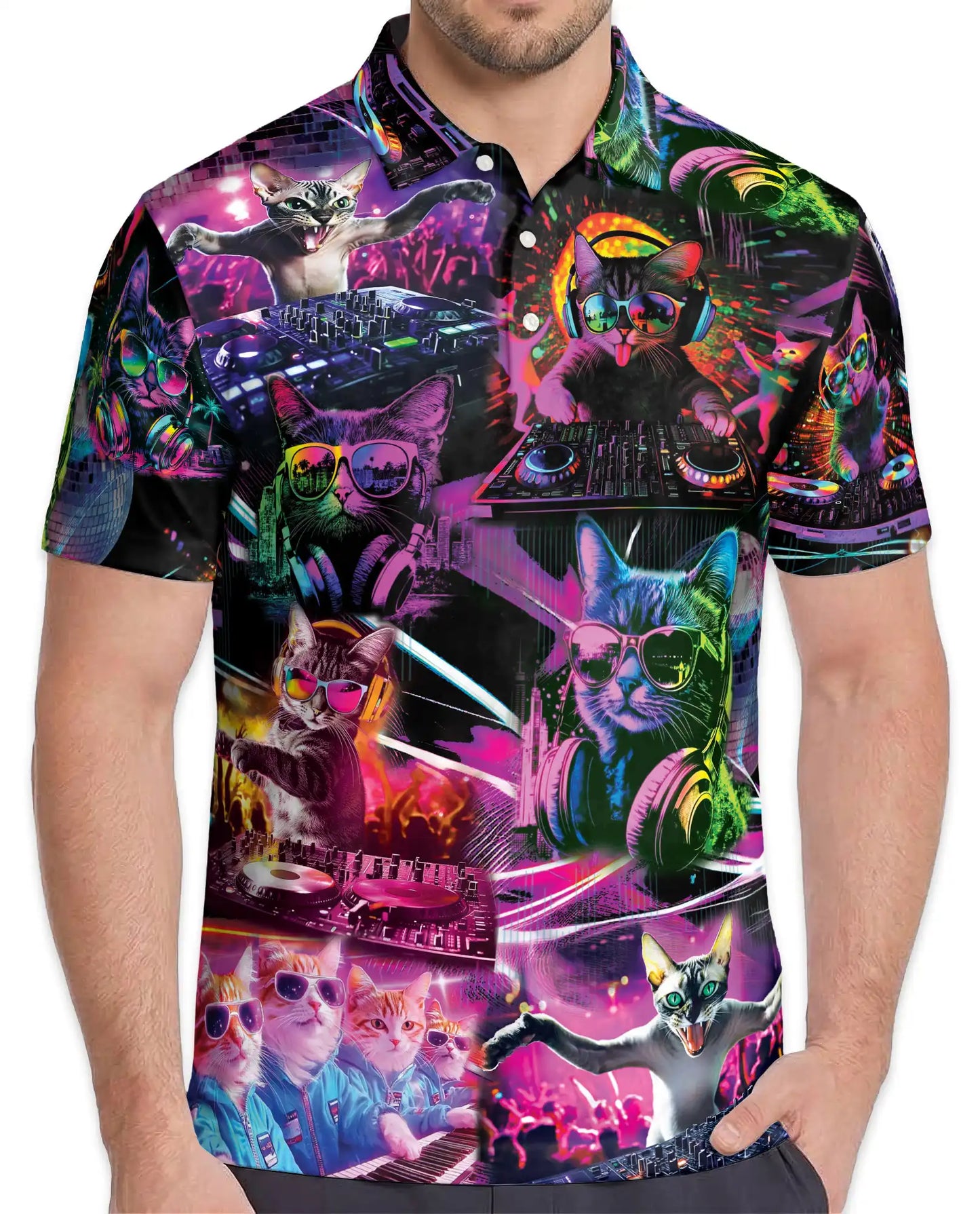 DJ Cat Party Polo Shirt for Men – Neon Music Festival Cat Print | Netecom