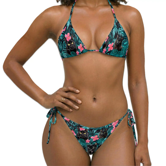 Black Cat Bikini Set for Women, Two Piece Swimsuit, Tropical Black Cat Print Beachwear | Netecom