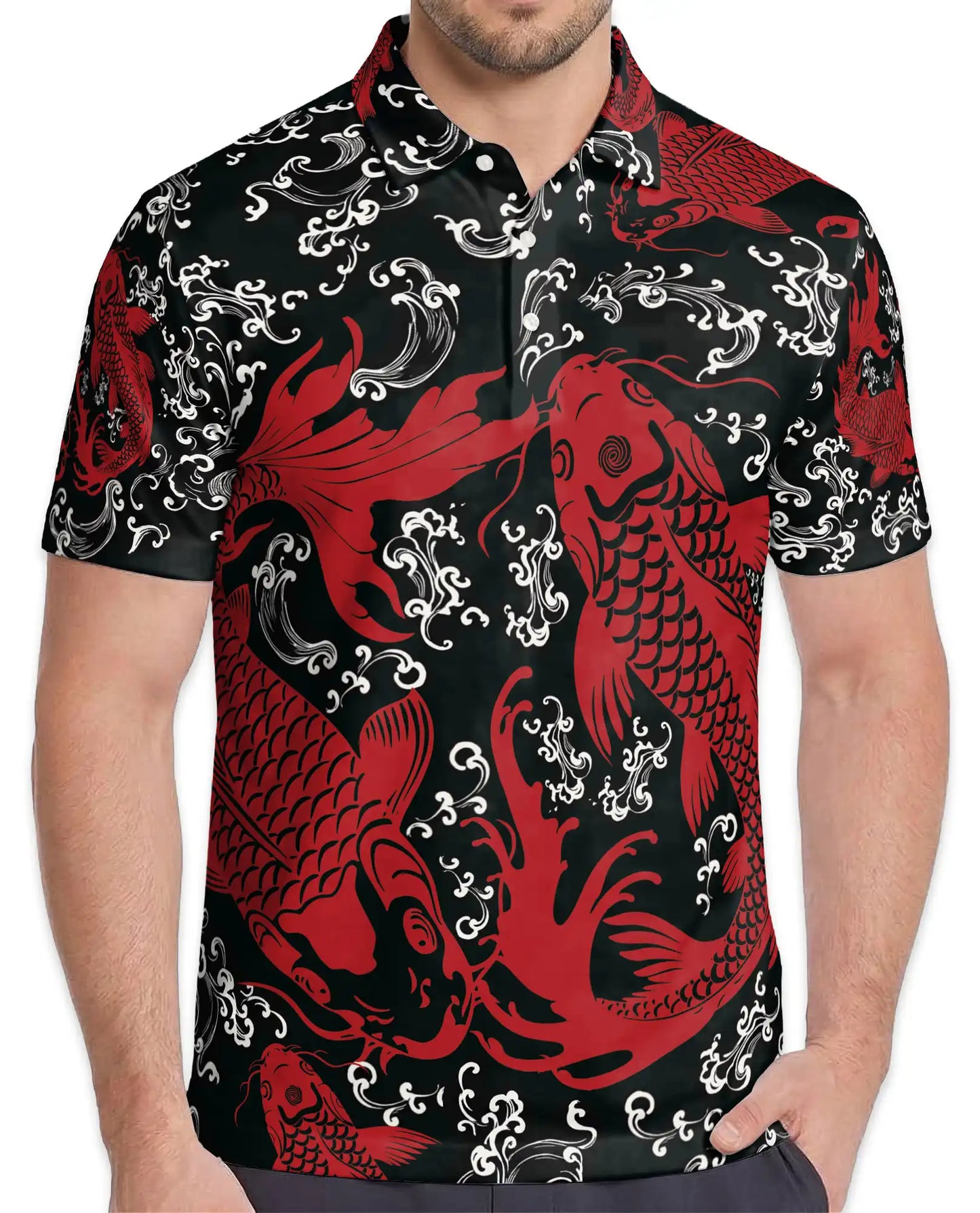 Koi Fish Polo Shirt for Men – Japanese Water Garden Print | Netecom