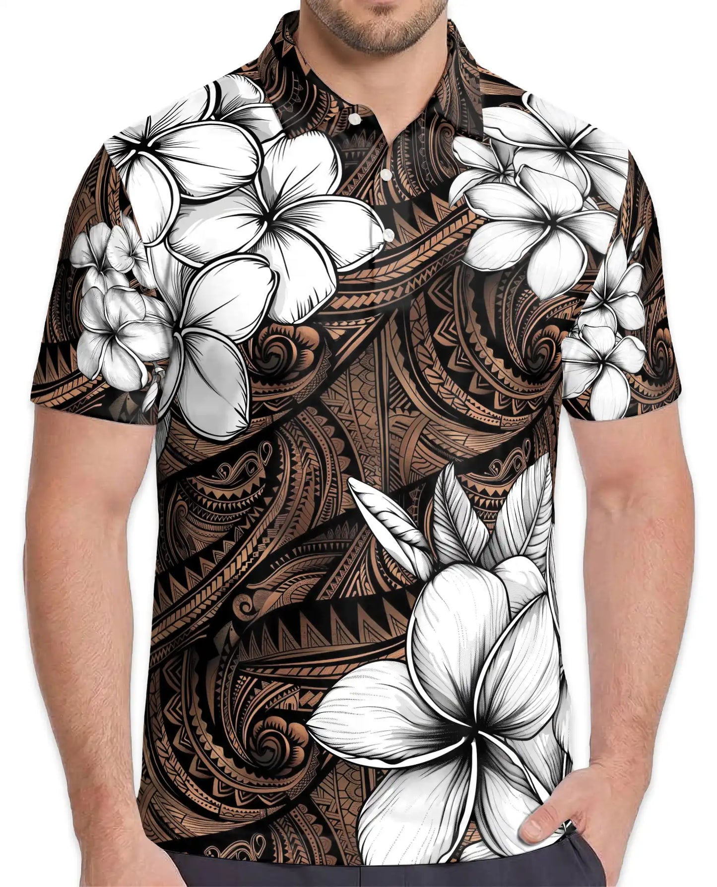 Polynesian Plumeria Polo Shirt For Men-Tribal Island Flower Tropical Aloha | Netecom