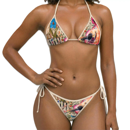 Vintage Flower Guitar Bikini Set for Women, Two Piece Swimsuit, Floral Music Beachwear | Netecom