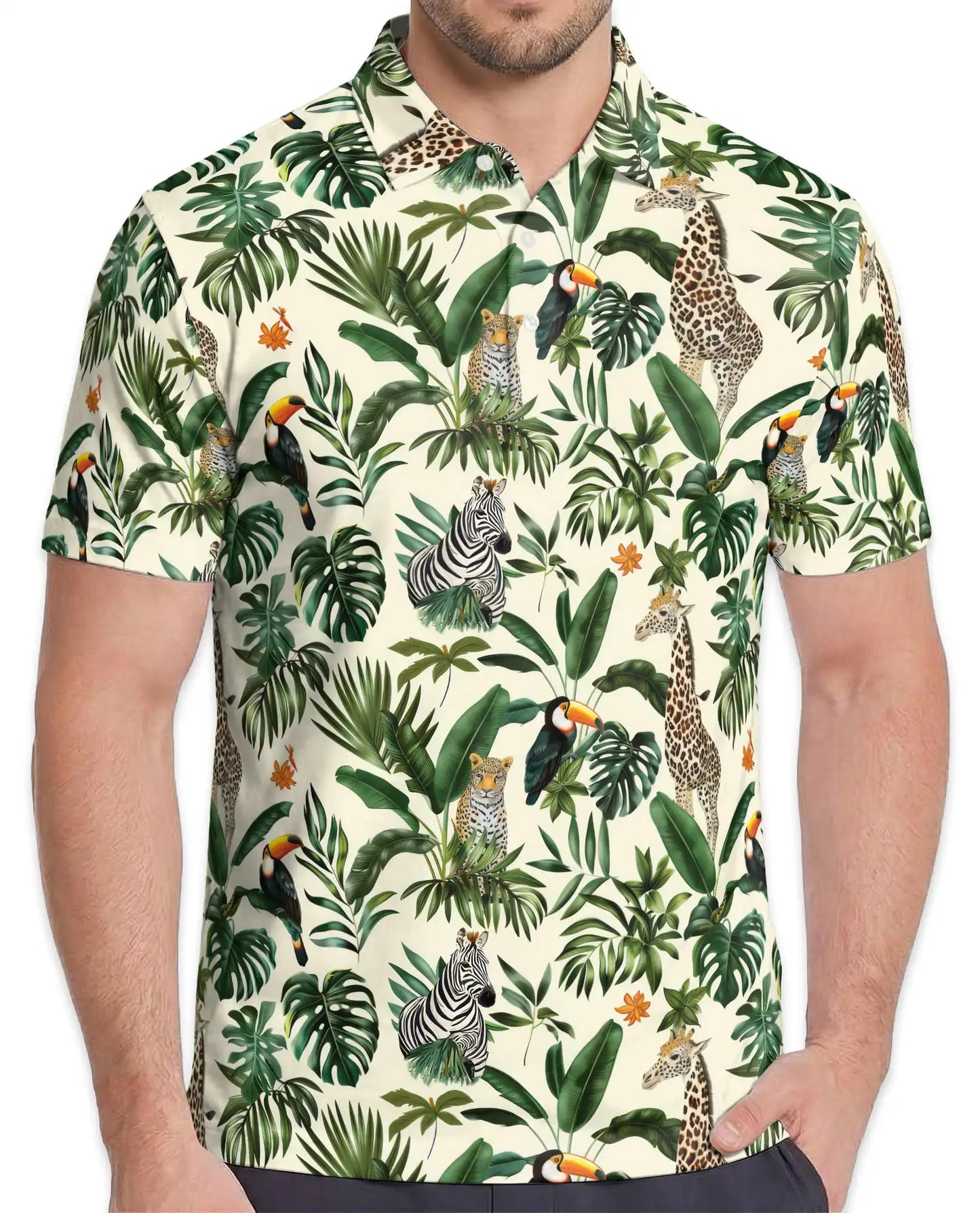 Jungle Wildlife Polo Shirt for Men – Summer Tropical Animal Print | Netecom