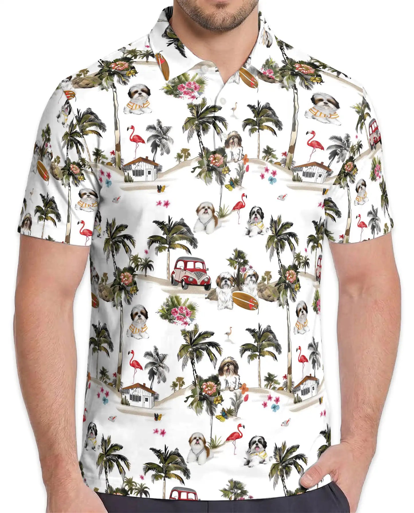 Shih Tzu Tropical Island Polo Shirt for Men- Hawaiian Beach Dog | Netecom
