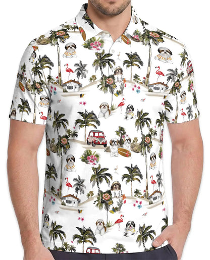 Shih Tzu Tropical Island Polo Shirt for Men- Hawaiian Beach Dog | Netecom