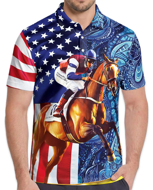 American Flag Horse Racing 3D Polo Shirt for Men | Netecom