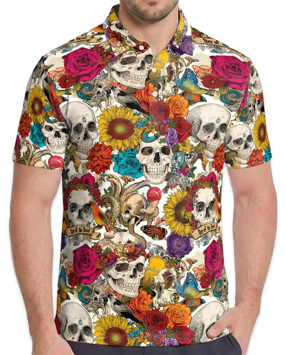 Skull Flower Polo Shirt for Men – Day of the Dead Style | Netecom