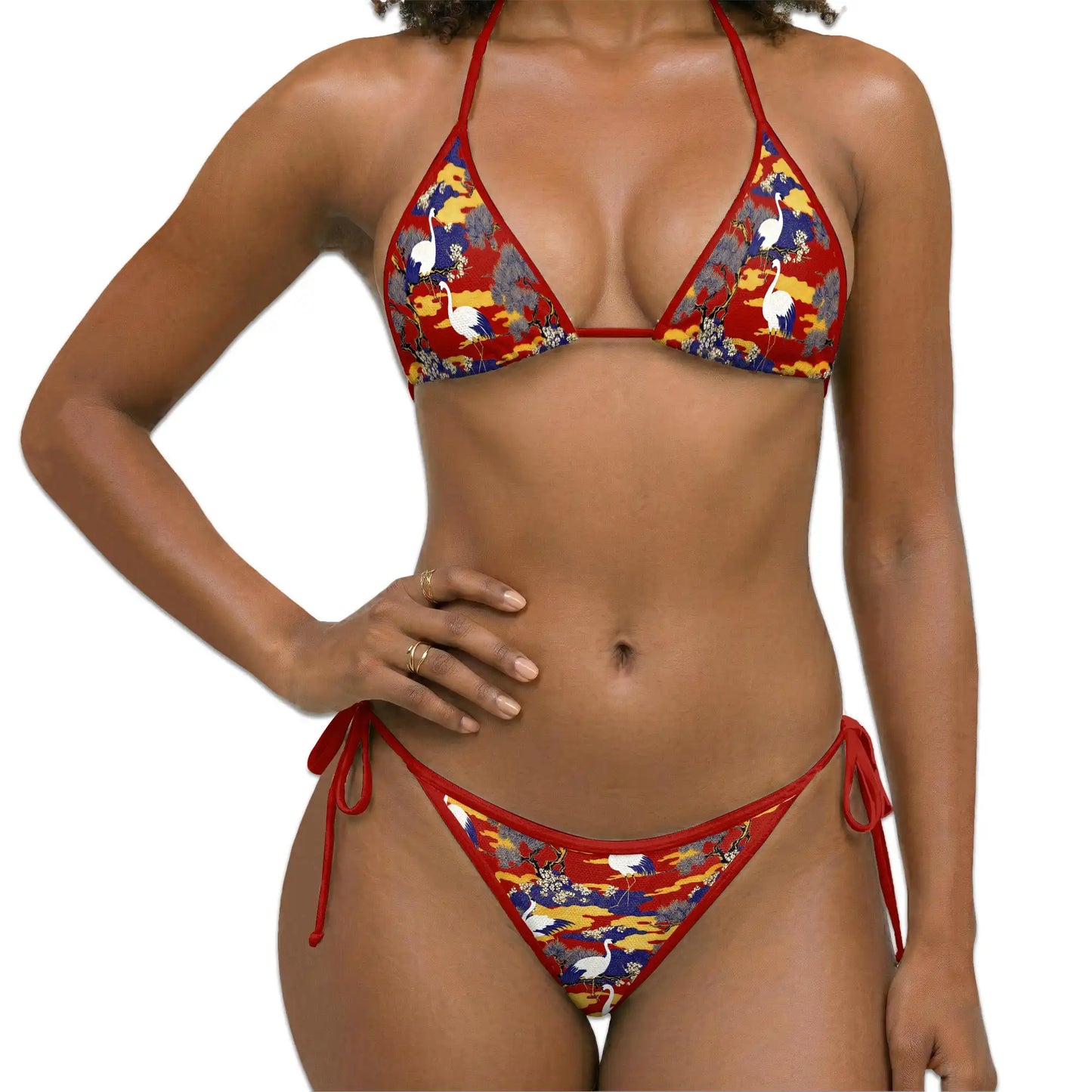 Sakura Redheaded Crane Bikini Set for Women, Two Piece Swimsuit, Japanese Art Beachwear | Netecom