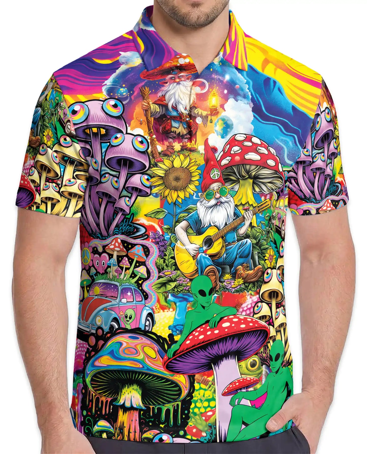 Mushroom Gnome Polo Shirt for Men – Colorful Alien Art | Netecom