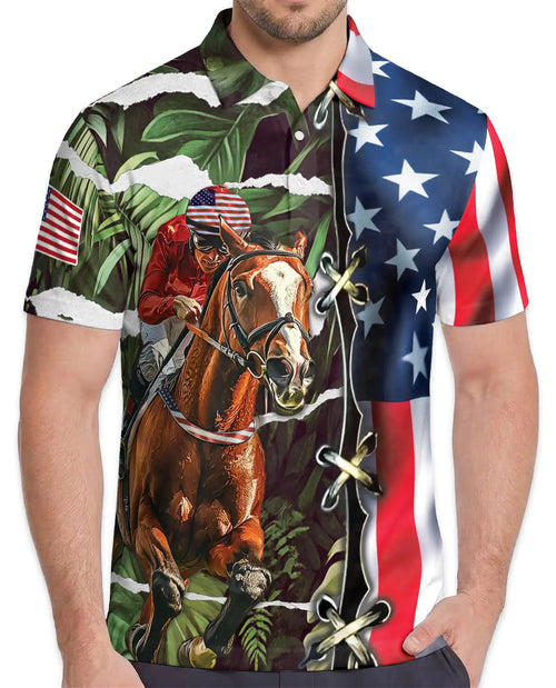 Tropical Horse Racing 3D Polo Shirt for Men – USA Flag Theme | Netecom