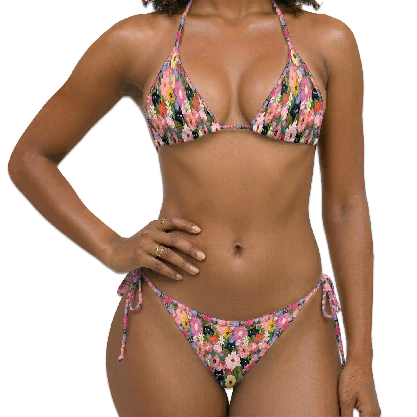 Black Cat in Flower Bikini Set for Women, Two Piece Swimsuit, Floral Cat Beachwear | Netecom