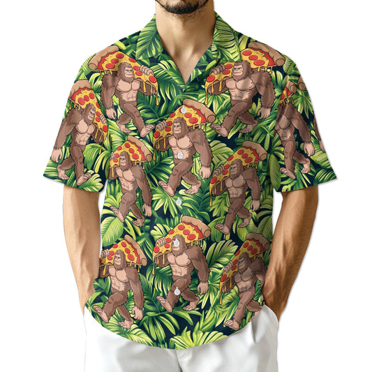 Netecom Bigfoot Carrying Pizza Hawaiian Shirt, Bigfoot Lover Gifts, Tropical Button Down Summer Short Sleeve Shirts