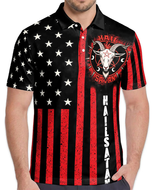 Hail Satan American Flag Polo Shirt for Men – Gothic Punk Style | Netecom