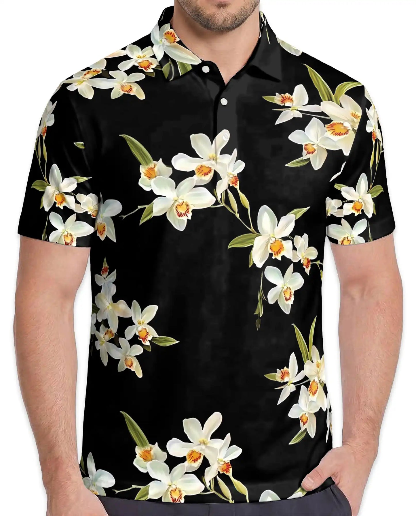 White Orchid Polo Shirt - Elegant Tropical Floral Style | Netecom