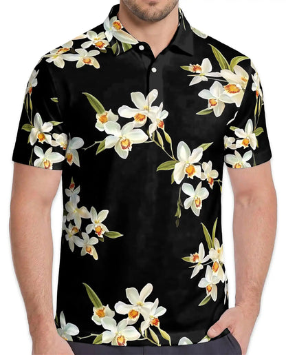 White Orchid Polo Shirt - Elegant Tropical Floral Style | Netecom