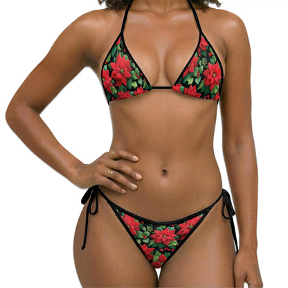 Poinsettia Pattern Bikini Set for Women, Two Piece Swimsuit, Christmas Floral Beachwear | Netecom