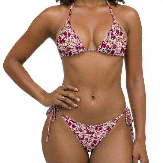 Pink Leopard Bikini Set for Women, Two Piece Swimsuit, Cherry Animal Print Beachwear | Netecom