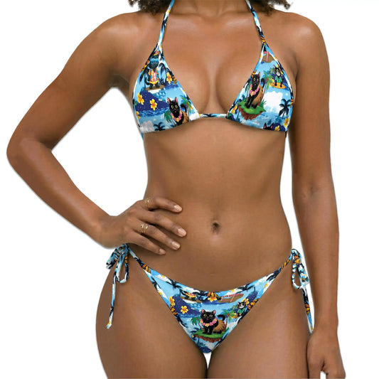 Tropical Black Cat Bikini Set for Women, Two Piece Swimsuit, Cat Beachwear | Netecom