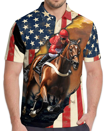 Red Horse Racing American Flag 3D Polo Shirt | Netecom