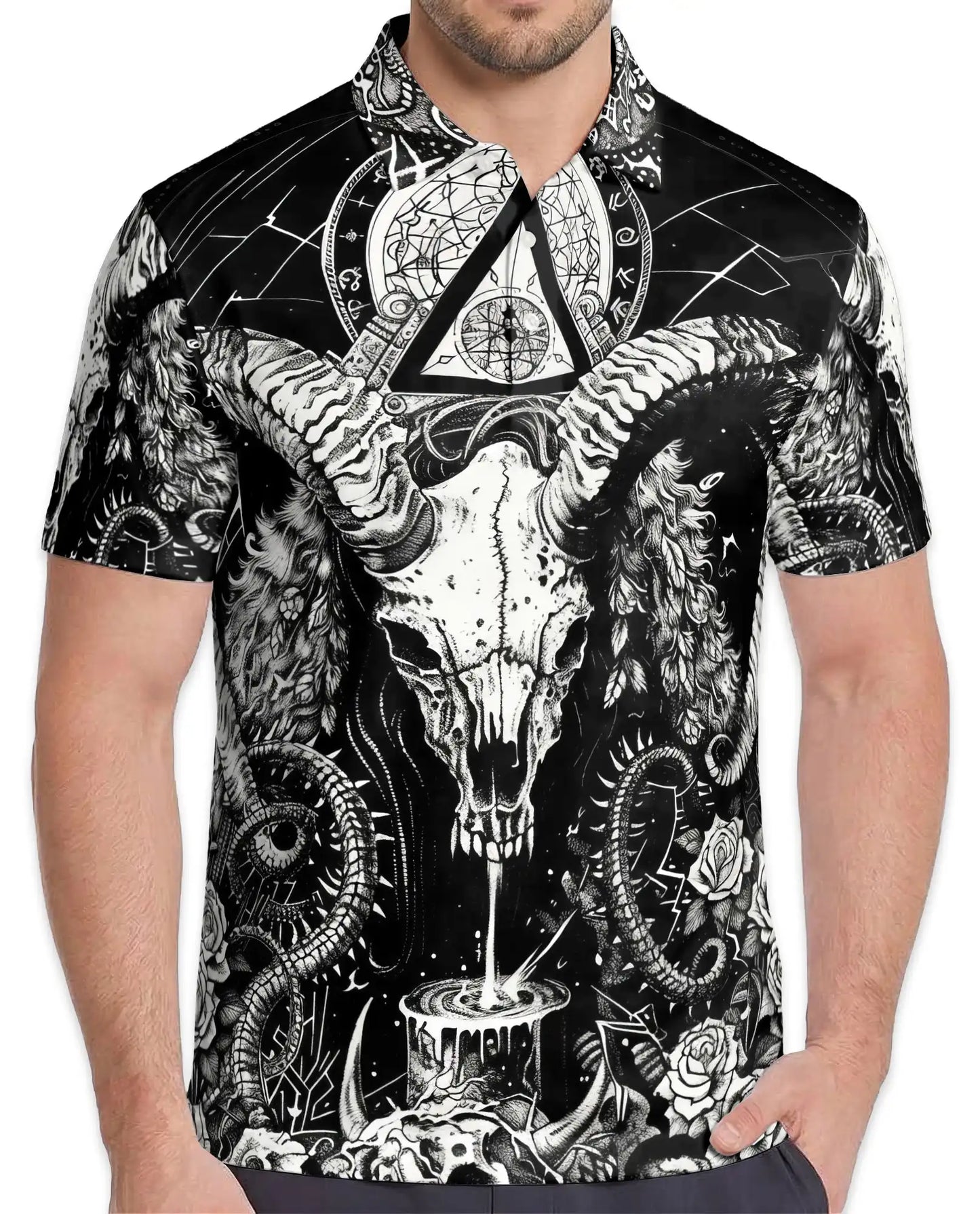 Dark Ram Skull Occult Polo Shirt for Men- Horror Black White Fantasy | Netecom