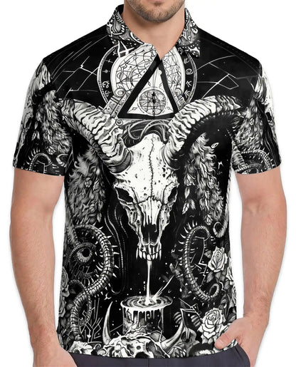 Dark Ram Skull Occult Polo Shirt for Men- Horror Black White Fantasy | Netecom