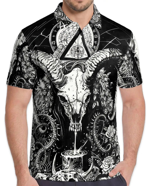 Dark Ram Skull Occult Polo Shirt for Men- Horror Black White Fantasy | Netecom
