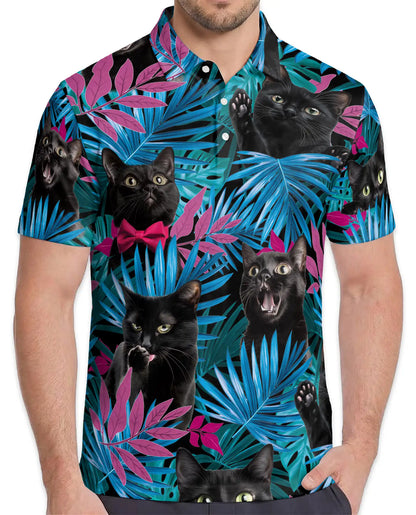 Black Cat Tropical Polo Shirt - Neon Jungle Kitty Style | Netecom