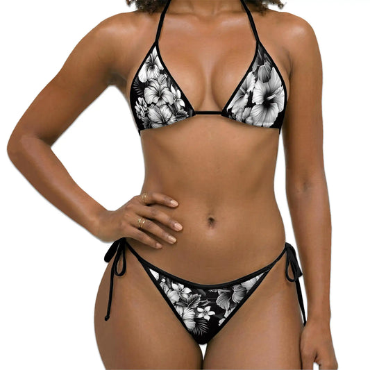 Black & White Hibiscus Bikini Set for Women, Two Piece Swimsuit, Tropical Floral Beachwear | Netecom