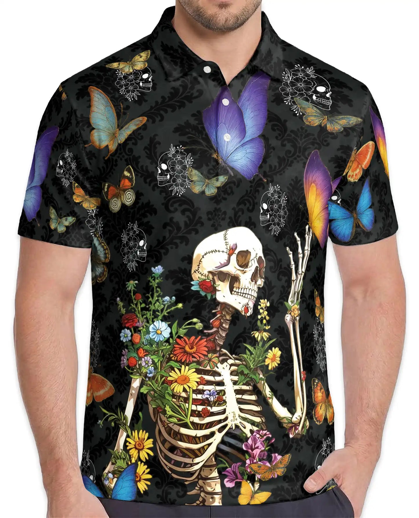 Floral Skeleton Polo Shirt for Men – Gothic Butterfly Design | Netecom