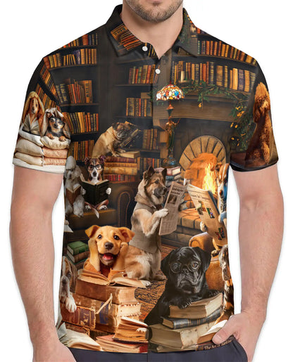 Happy Dogs Reading Polo Shirt for Men – Cute Dog Library Print | Netecom