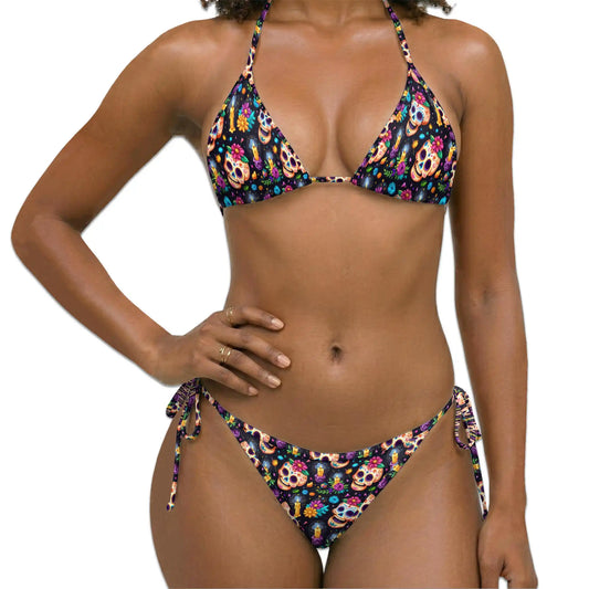 Skull Flower Bikini Set for Women, Two Piece Swimsuit, Sugar Skull Beachwear | Netecom