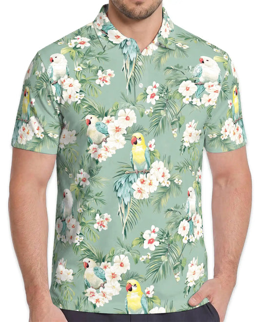 Tropical Parakeet Polo Shirt - Floral Bird Garden Style | Netecom
