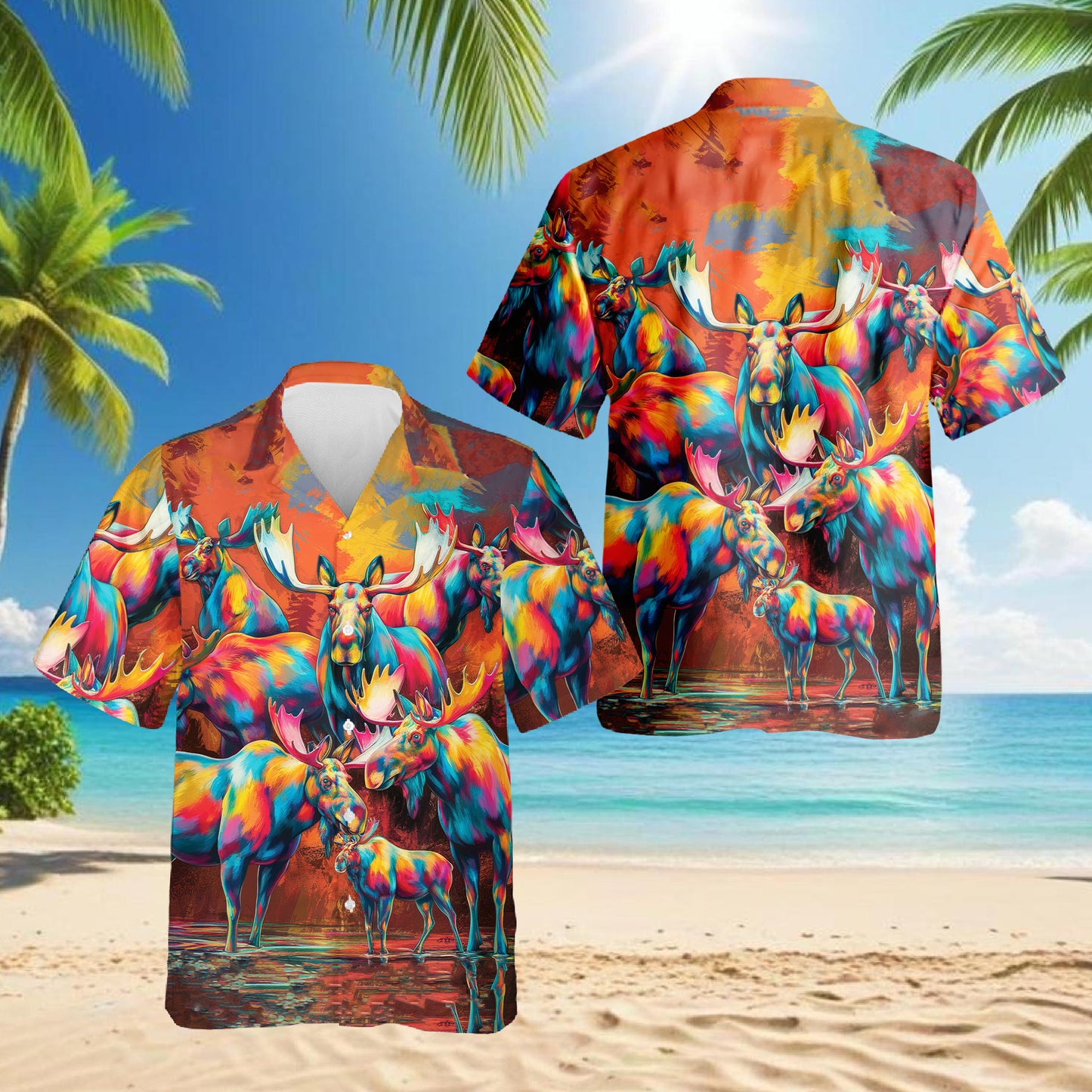 Netecom Moose Colorful Hawaiian Shirt for Men, Button Down Summer Beach Short Sleeve, Animal Lover Gifts, S-5XL