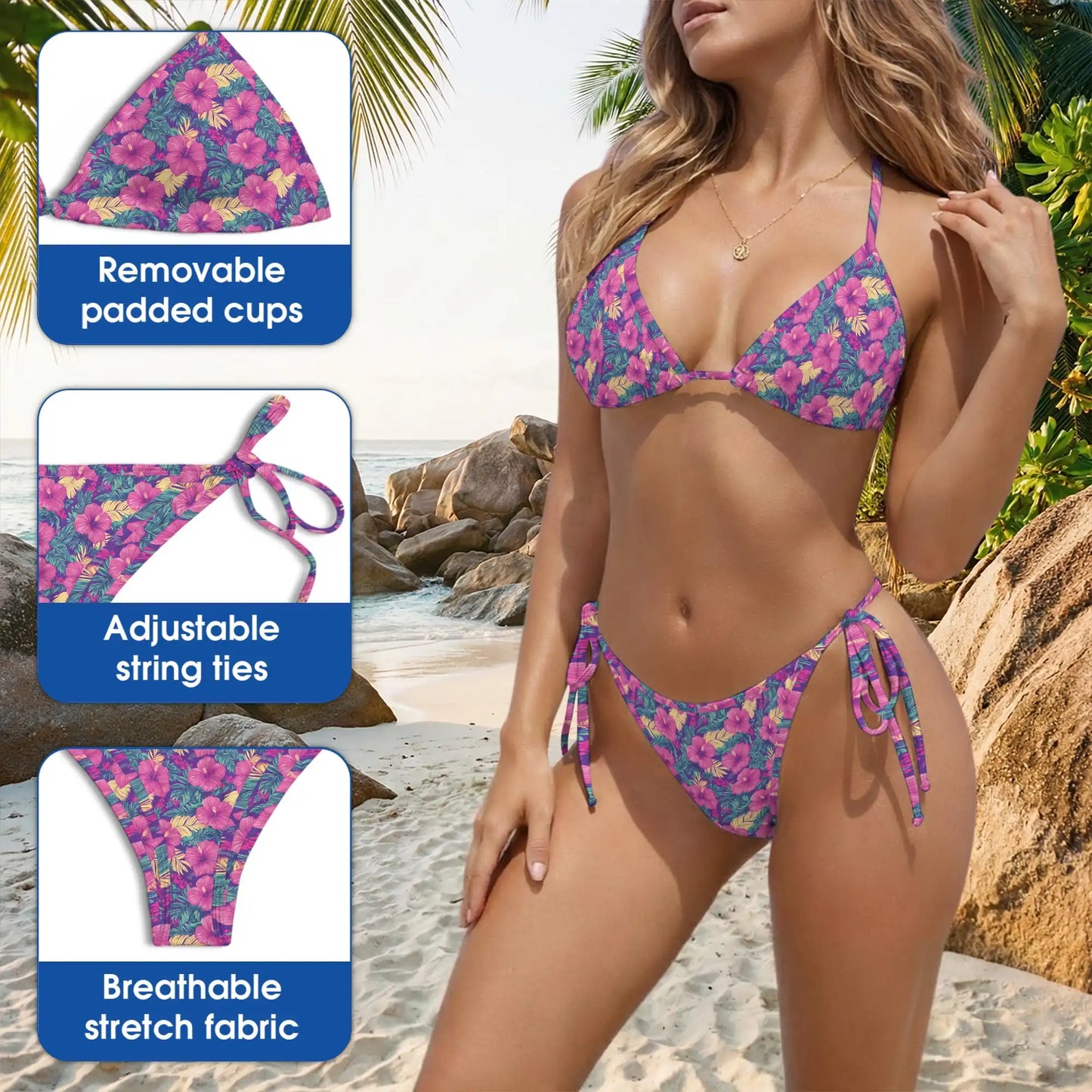 Tropical Roselle Bikini Set for Women, Two Piece Swimsuit, Hibiscus and Tropical Print Beachwear | Netecom