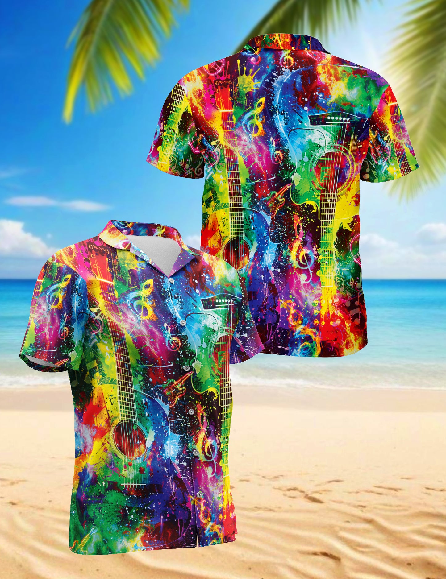 Netecom Rainbow Guitar Hawaiian Shirt for Men, Guitar Lovers Gifts, Guitarist Button Down Summer Beach Shirts