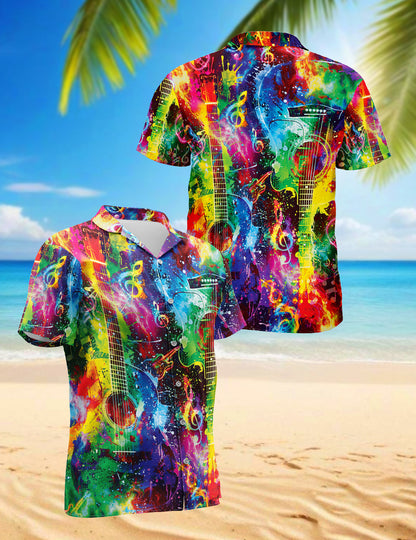Netecom Rainbow Guitar Hawaiian Shirt for Men, Guitar Lovers Gifts, Guitarist Button Down Summer Beach Shirts