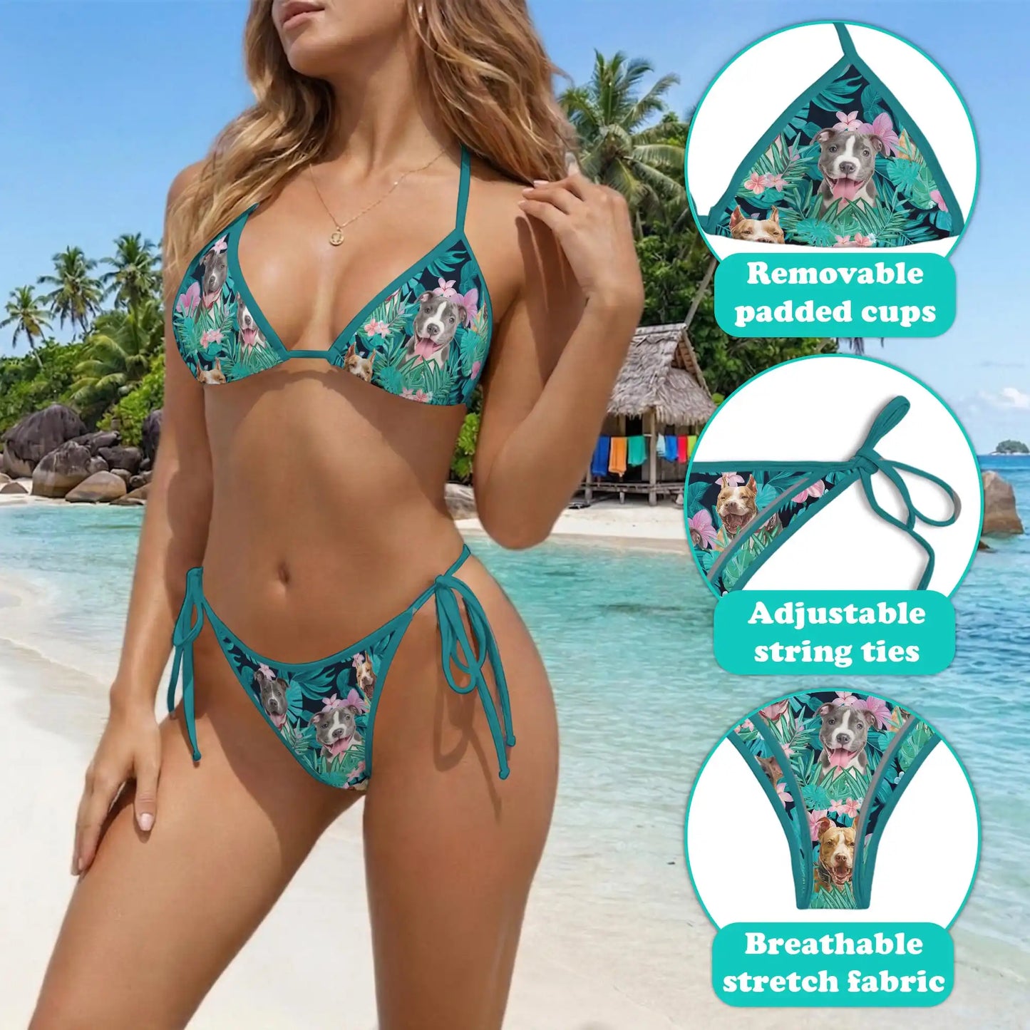 Tropical Pitbull Hibiscus Bikini Set for Women, Two Piece Swimsuit, Tropical Dog Beachwear | Netecom