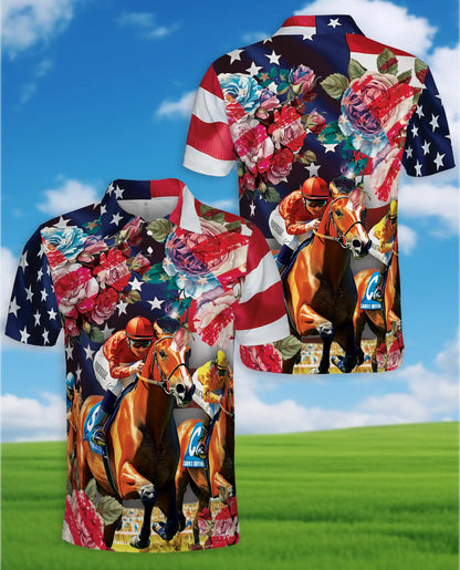 Roses Horse Racing 3D Polo Shirt for Men | Netecom