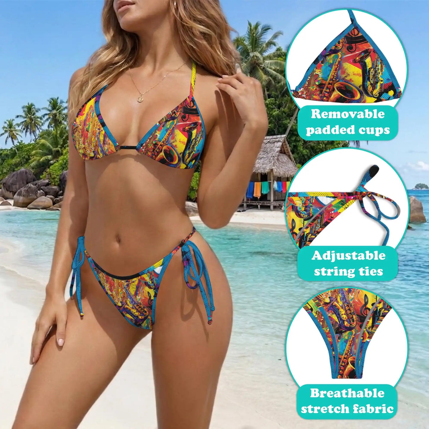 Colorful Saxophone Bikini Set for Women, Two Piece Swimsuit, Jazz Music Beachwear | Netecom