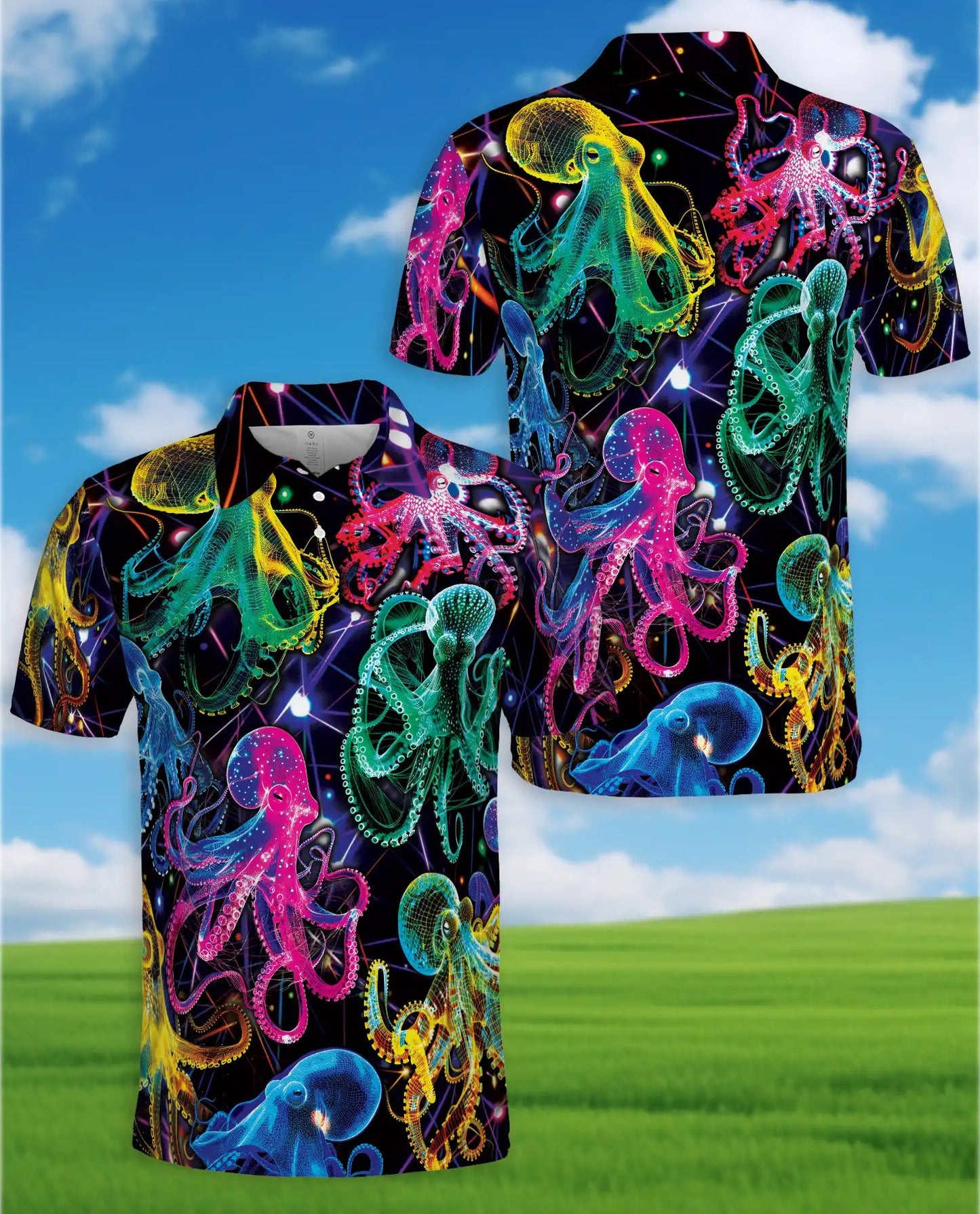 Neon Octopus Polo Shirt for Men – Vibrant Ocean Life | Netecom