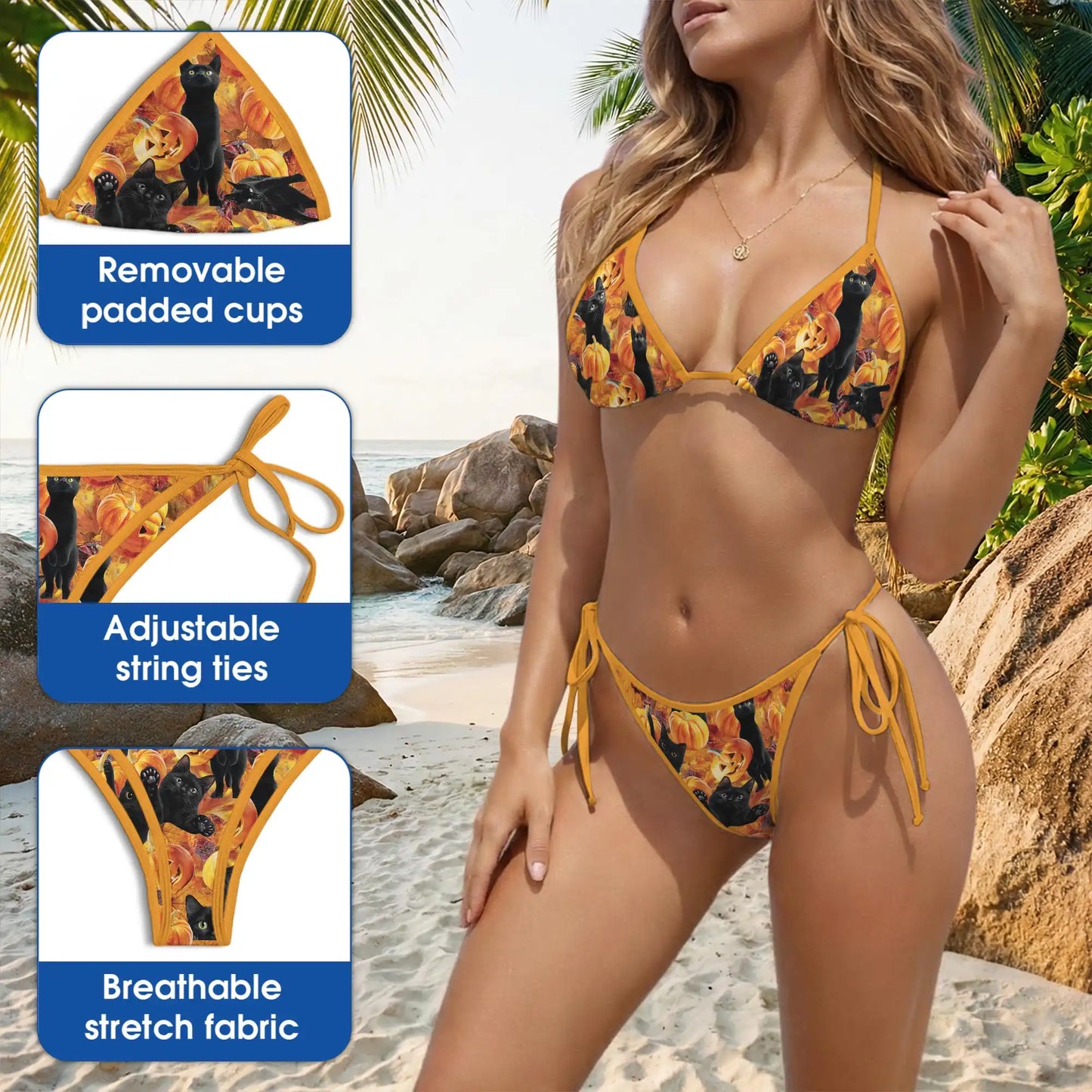 Black Cat and Pumpkin Bikini Set for Women-Two Piece Swimsuit, Halloween Beachwear | Netecom