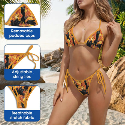 Black Cat and Pumpkin Bikini Set for Women-Two Piece Swimsuit, Halloween Beachwear | Netecom